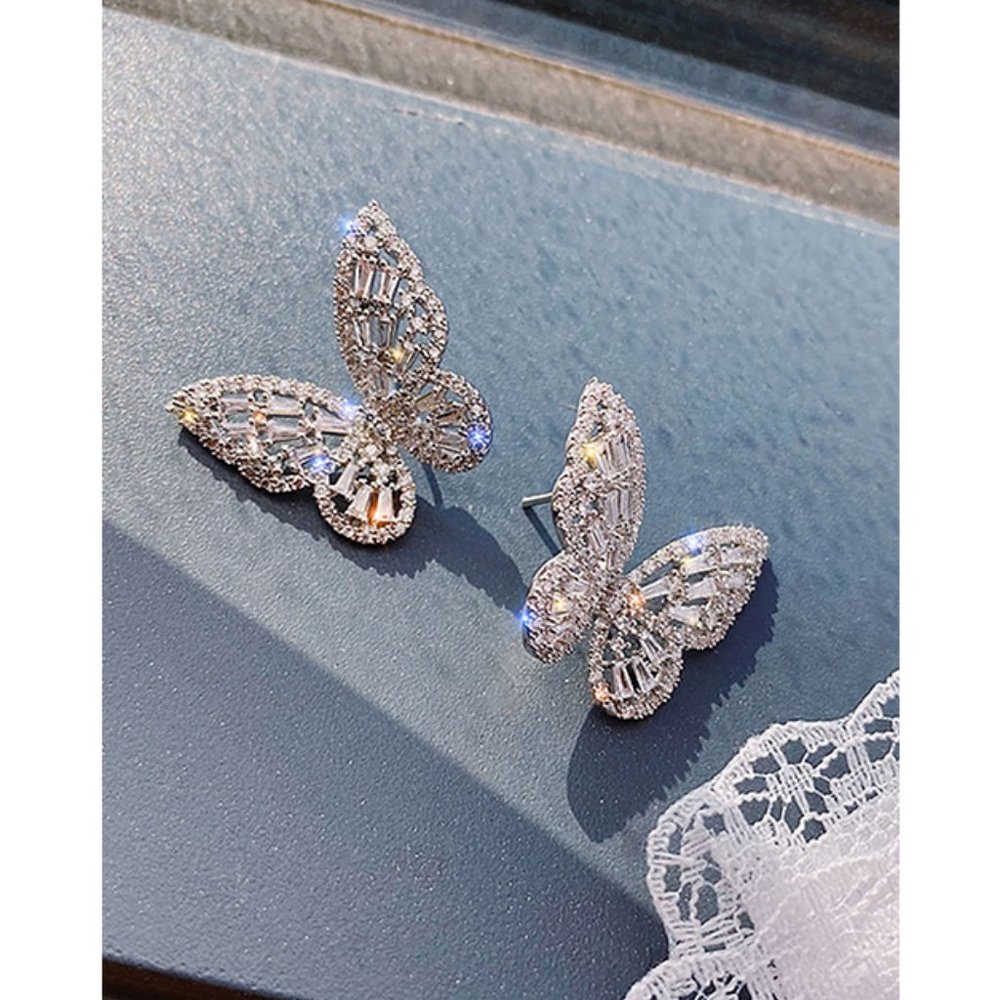 Silver CZ Rhinestone Butterfly Earrings BLING SPARKLE CUTE GIFT BUTTERFLIES - Picture 2 of 3